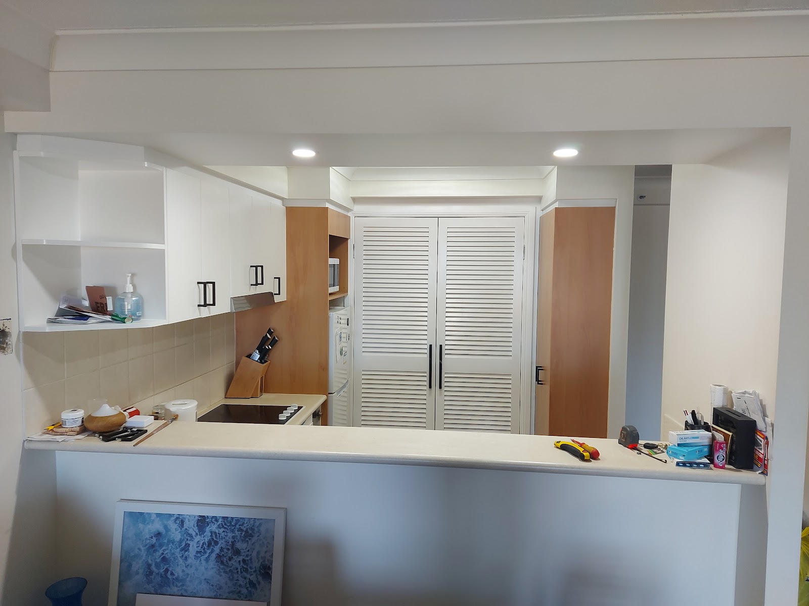 Kitchen with new downlights installed